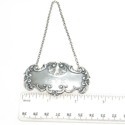 925 Sterling Silver Antique Art Deco "Rye" Bottle Tag 6"