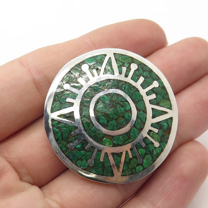 925 Sterling Silver Vintage Mexico Real Azurite Inlay Tribal Sun Brooch Pendant