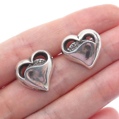 925 Sterling Silver Vintage Modernist Heart Oxidized Stud Earrings