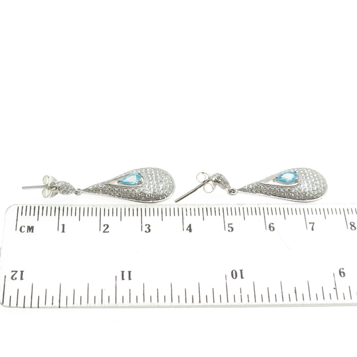 925 Sterling Silver Round & Pear-Cut Blue White C Z Drop Dangling Earrings