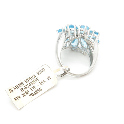 925 Sterling Silver Real White Diamond & Swiss Blue Topaz Gem Ring Size 7.25