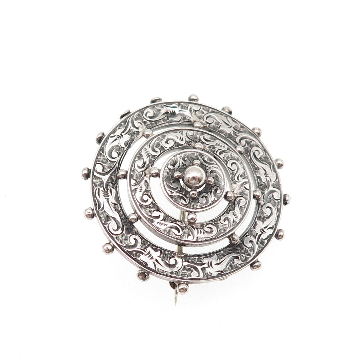 925 Sterling Silver Antique Victorian Engraved Floral Wheel Oxidized Pin Brooch