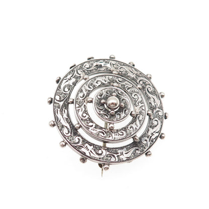 925 Sterling Silver Antique Victorian Engraved Floral Wheel Oxidized Pin Brooch