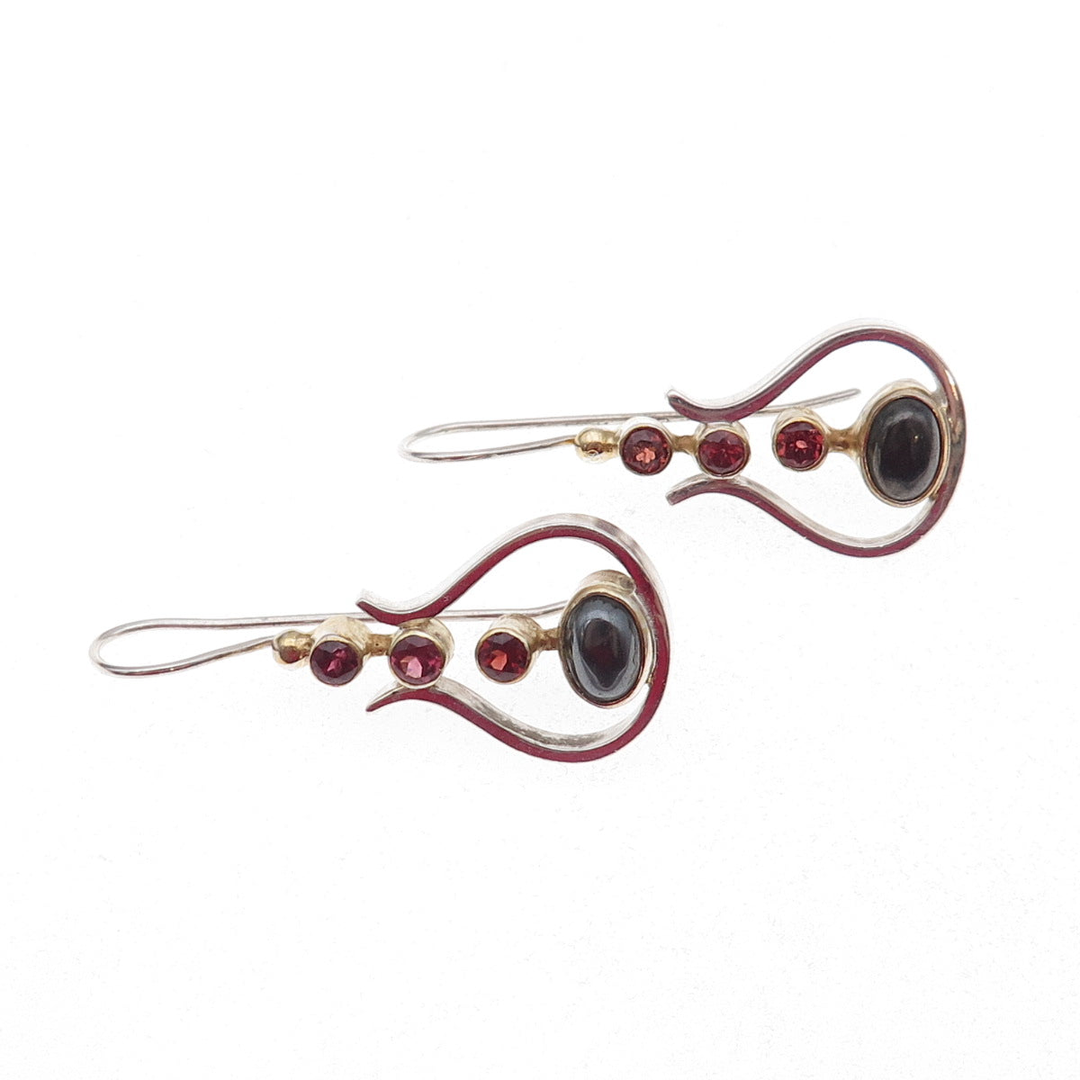 925 Sterling Silver 2-Tone Vintage Real Hematite & Red Garnet Modernist Earrings