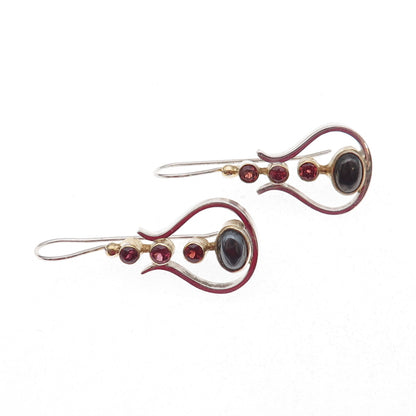 925 Sterling Silver 2-Tone Vintage Real Hematite & Red Garnet Modernist Earrings