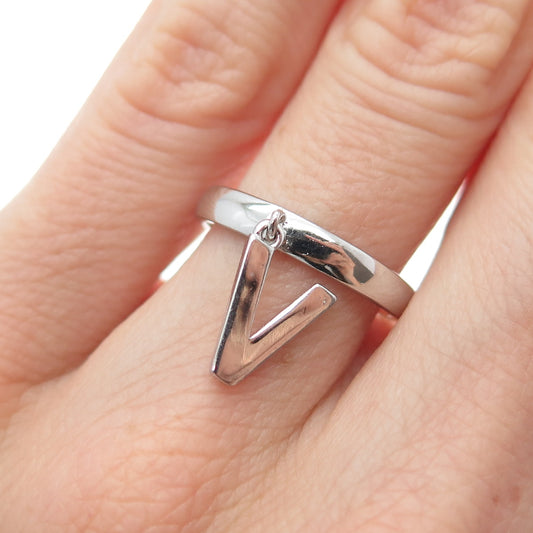 925 Sterling Silver Vintage Letter V Dangle Charm Adjustable Ring Size 6