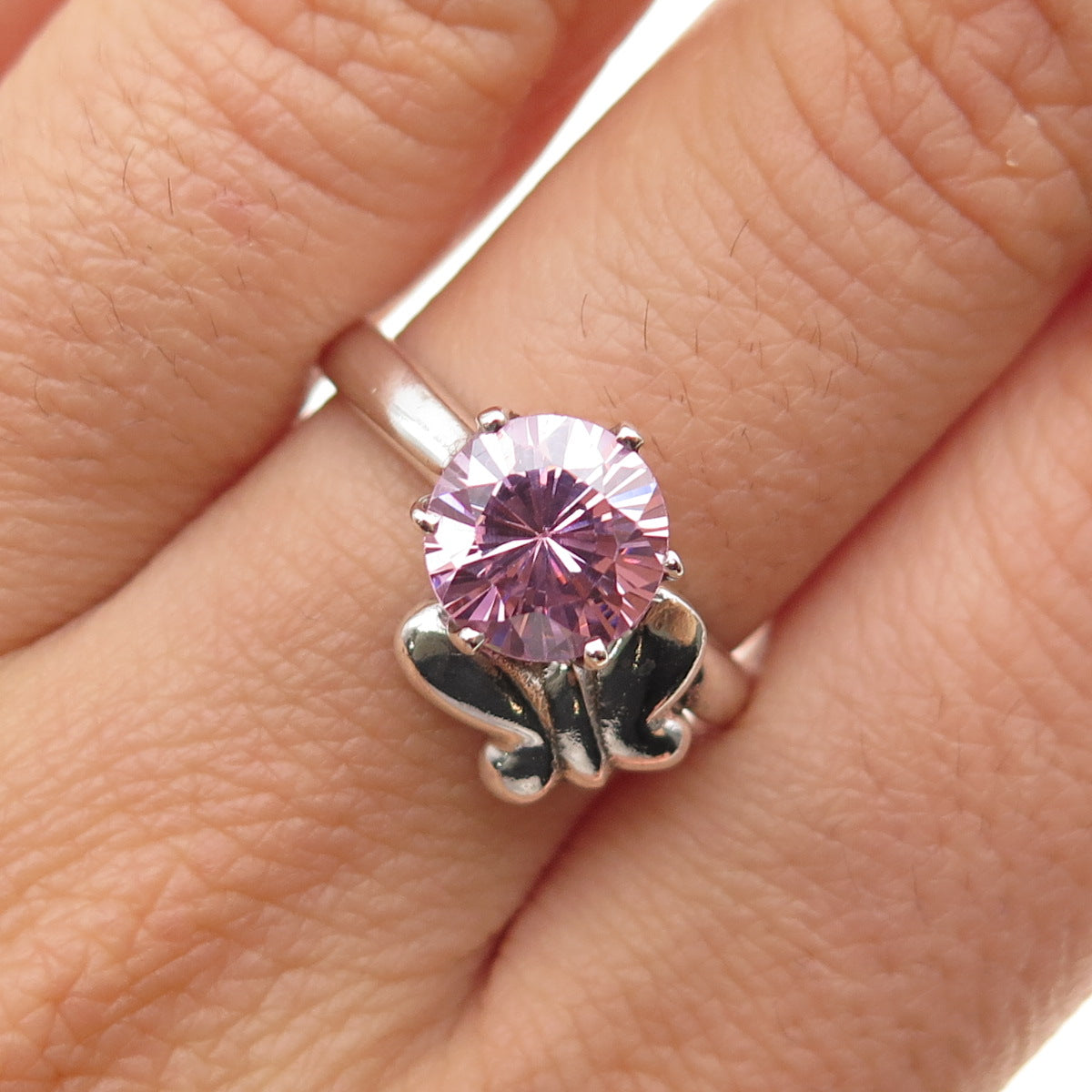 925 Sterling Silver Vintage Round-Cut Pink C Z Butterfly Ring Size 8