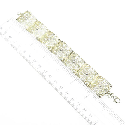 925 Sterling Silver Gold Plated Vintage Italy Filigree Panel Link Bracelet 7.25"