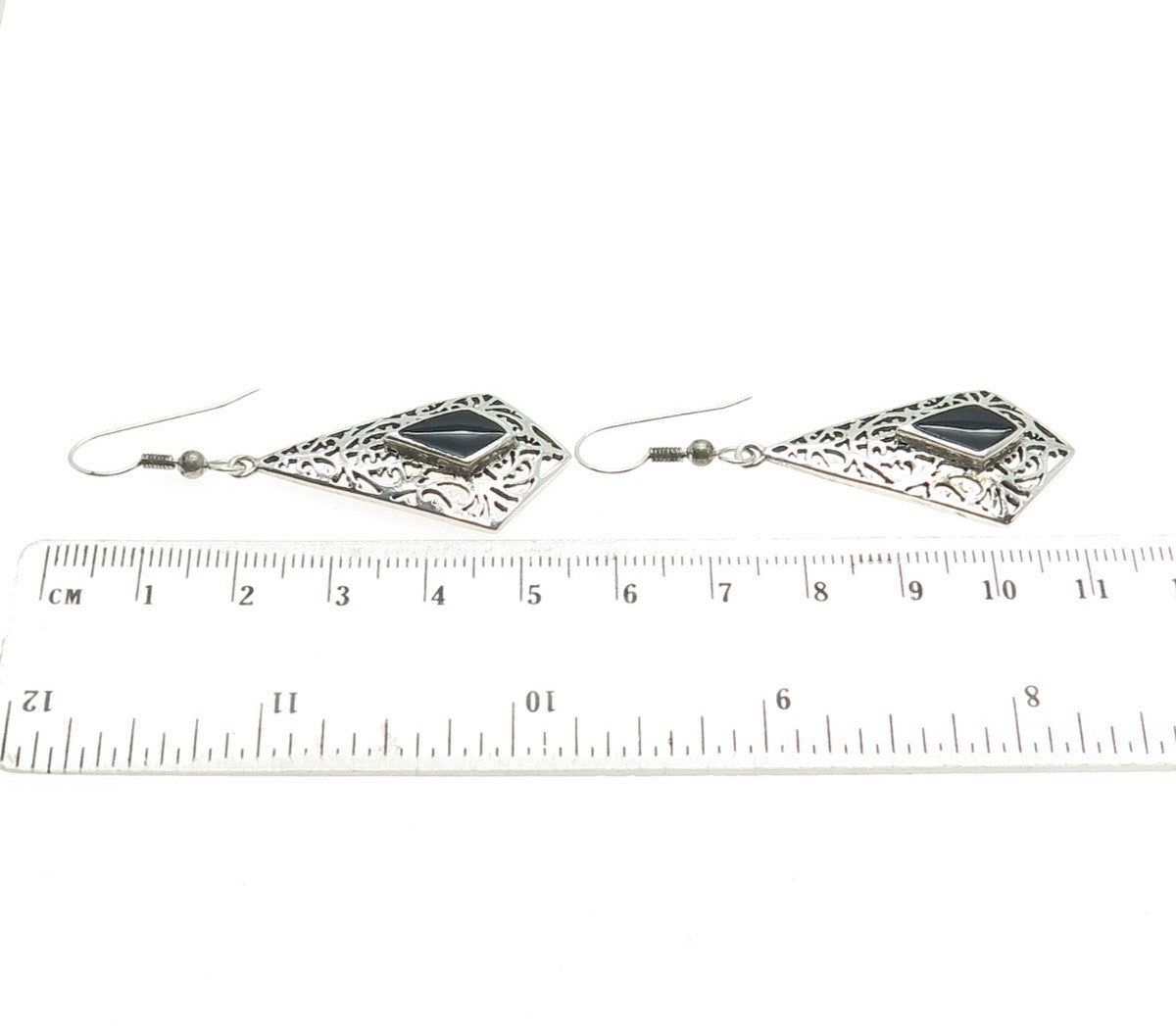 925 Sterling Silver Vintage Real Black Onyx Ornate Dangle Earrings