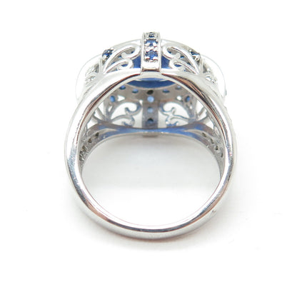 DSMK 925 Sterling Silver Sapphire & White Topaz Gem Ornate Dome Ring Size 7.25