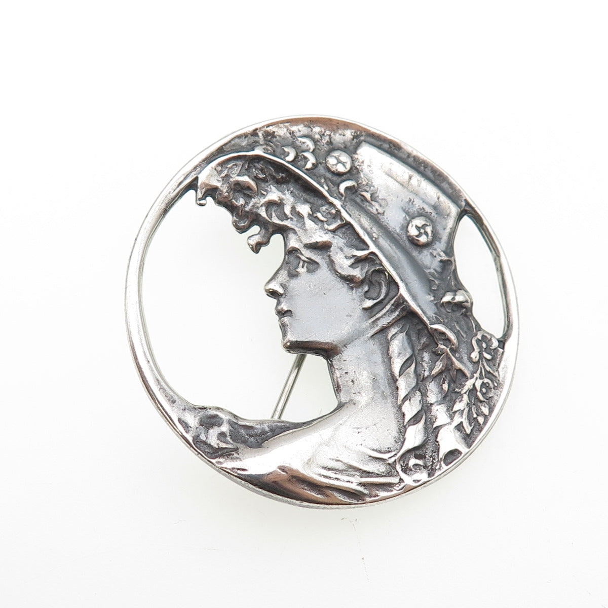 LISA LEE 925 Sterling Silver Vintage Lady Cameo Oxidized Pin Brooch / Pendant