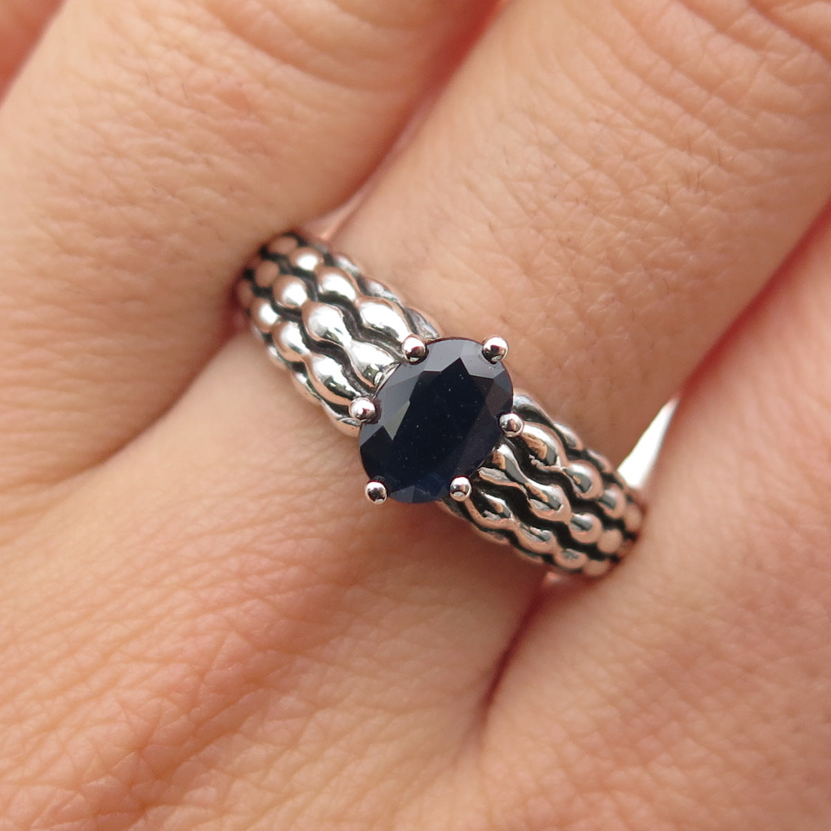 MICHELLE ALBALA Sterling Silver Vintage Real Sapphire Oxidized Ring Size 9.25