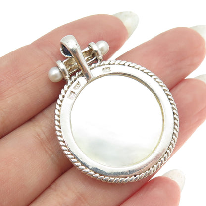 WV HONG KONG 925 Sterling Silver Vintage Real Pearl & MOP Lady Cameo Pendant