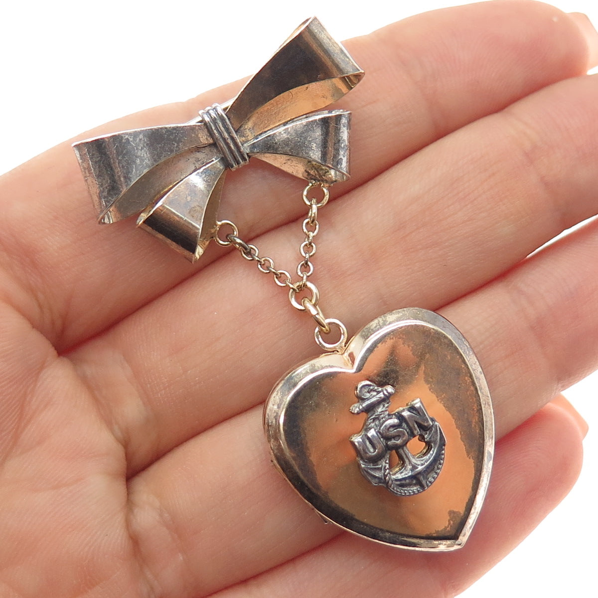 Louis Stern 800/925 Silver 1/20 12K GF Antique WWII US Navy Heart Locket Brooch
