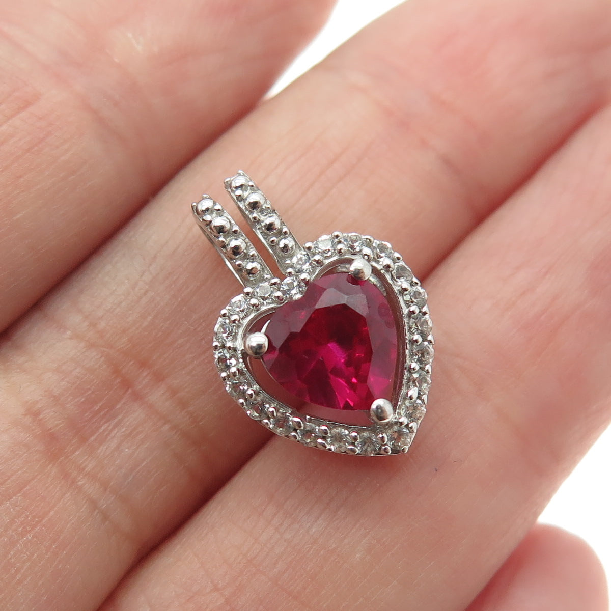 925 Sterling Silver Lab-Created Ruby & Real White Topaz Heart Minimalist Pendant