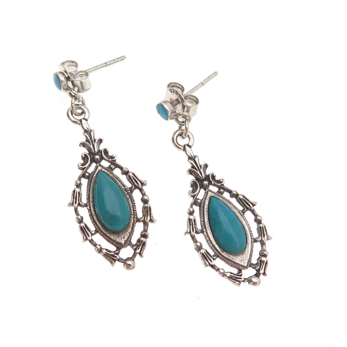 925 Sterling Silver Vintage Real Turquoise Floral Oxidized Dangle Earrings