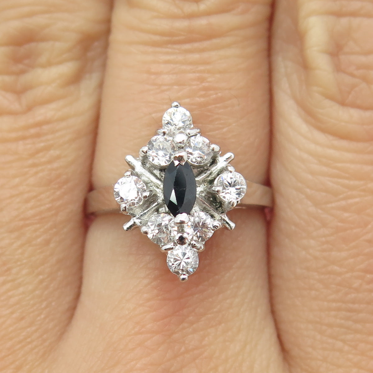 925 Sterling Silver Real Marquise-Cut Sapphire & Round C Z Ring Size 7.25