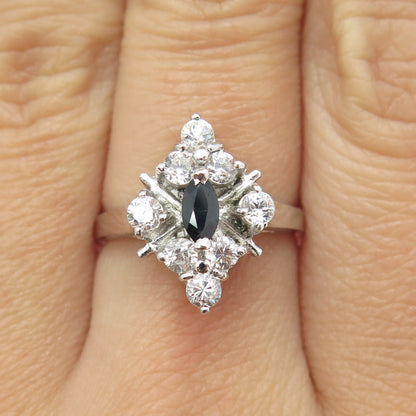 925 Sterling Silver Real Marquise-Cut Sapphire & Round C Z Ring Size 7.25