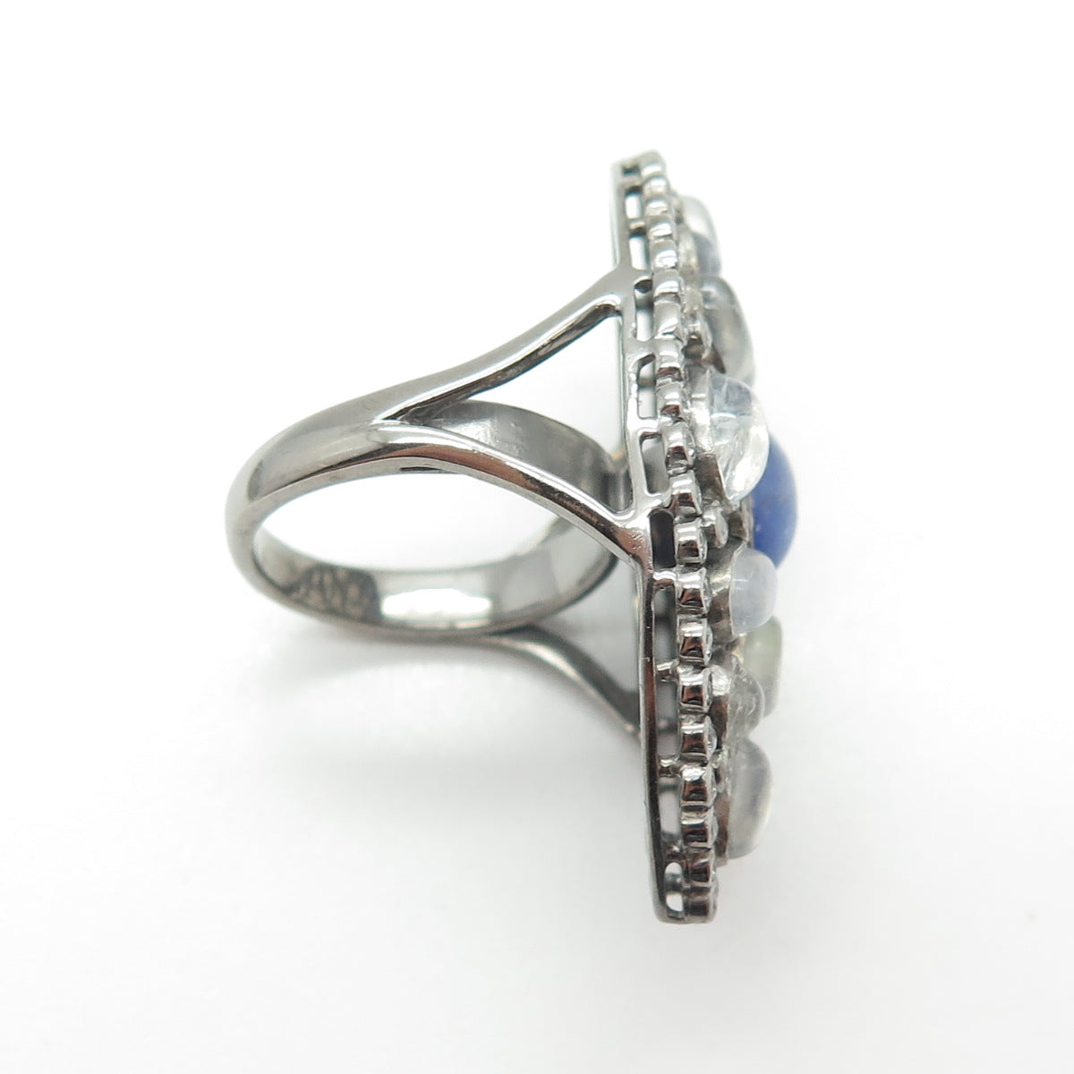 DSMK 925 Sterling Moonstone Tanzanite Topaz Gem Oxidized Statement Ring Size 7