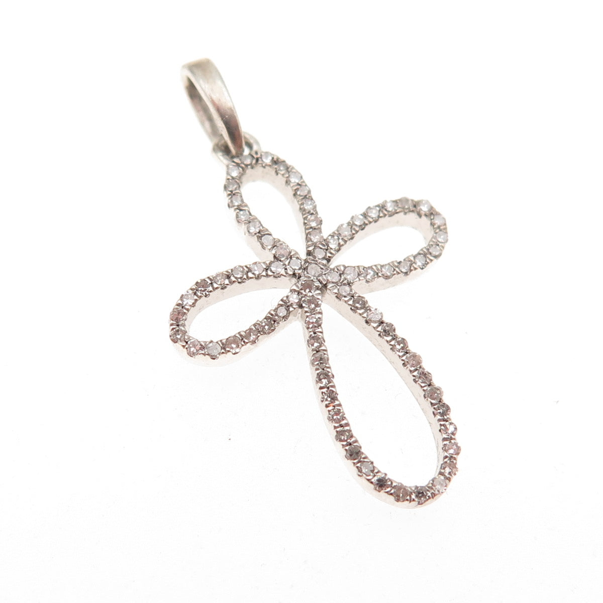 925 Sterling Silver Real Round-Cut Diamond Floral Cross Charm Pendant
