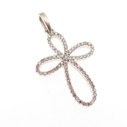 925 Sterling Silver Real Round-Cut Diamond Floral Cross Charm Pendant