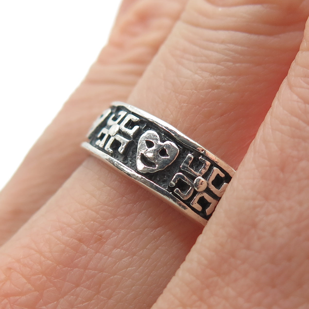925 Sterling Silver Vintage Heart Face Sun Symbol Oxidized Band Ring Size 7