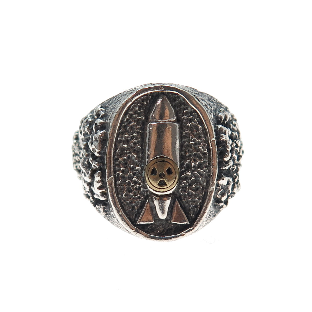 925 Sterling Silver 2-Tone Vintage Nuclear Bomb Biker Oxidized Ring Size 11.25