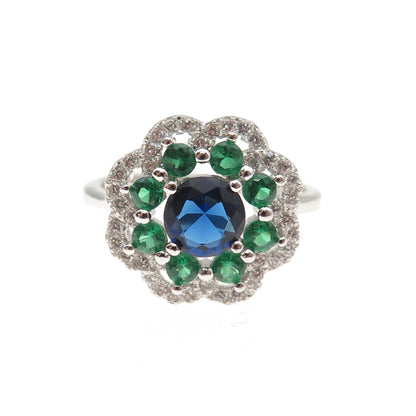 925 Sterling Silver Round-Cut Blue Green & White C Z Floral Ring Size 7.75