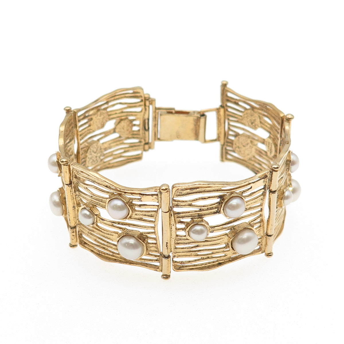 LIRM Sterling Gold Plated Vintage Israel Real Pearl Panel Link Bracelet 6.75"