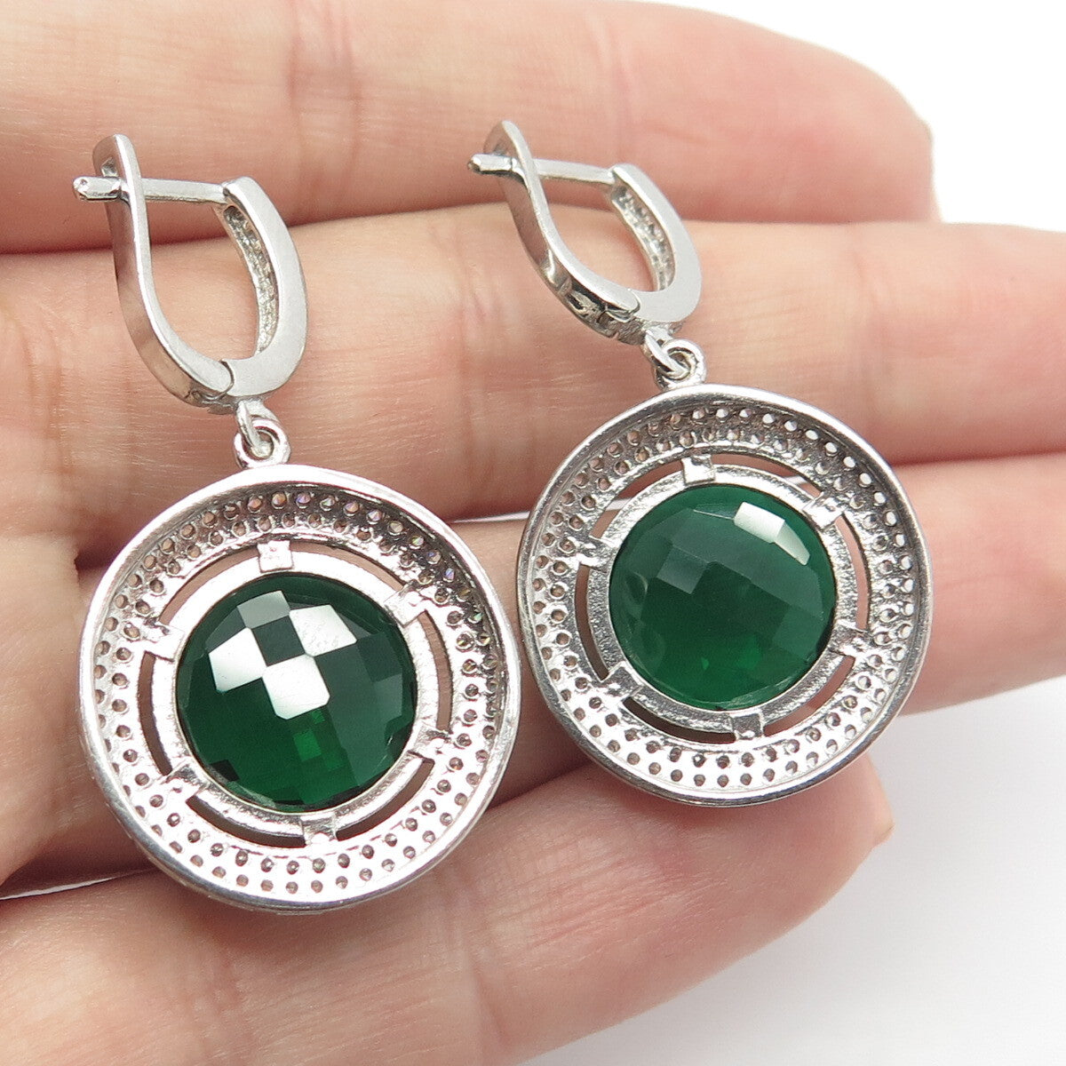 925 Sterling Silver White & Green C Z Dangling Earrings