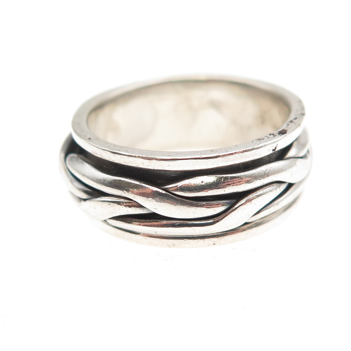 925 Sterling Silver Vintage Woven Oxidized Rotating Band Ring Size 7.5