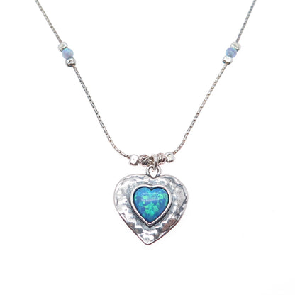 DIDAE 925 Sterling Silver Vintage Israel Real Opal Heart Chain Necklace 18"