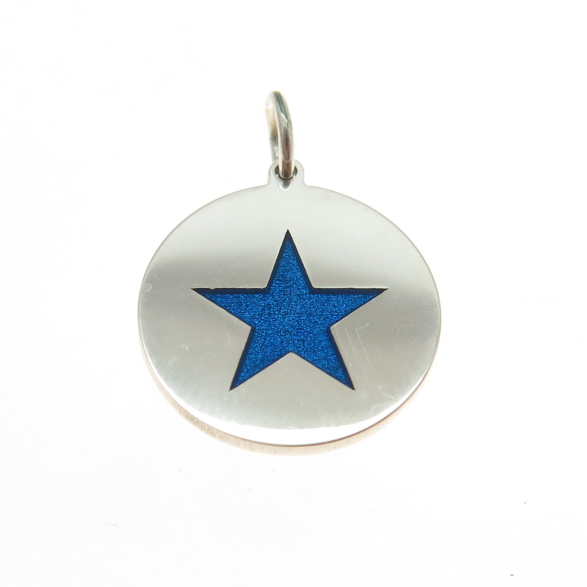 925 Sterling Silver Blue Enamel Star Round Tag Minimalist Charm Pendant