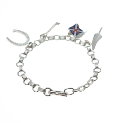 925 Sterling Antique Enamel Union Flag Feather Horseshoe Key Charm Bracelet 6.5"