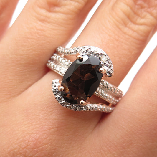 925 Sterling Rose Gold Plated Real Diamond Accent & Smoky Topaz Ring Size 7.25