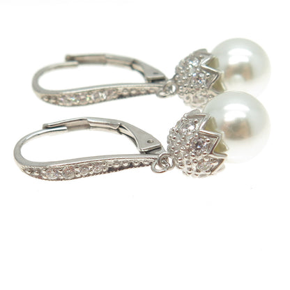 925 Sterling Silver Real Pearl & Round-Cut C Z Teardrop Dangling Earrings