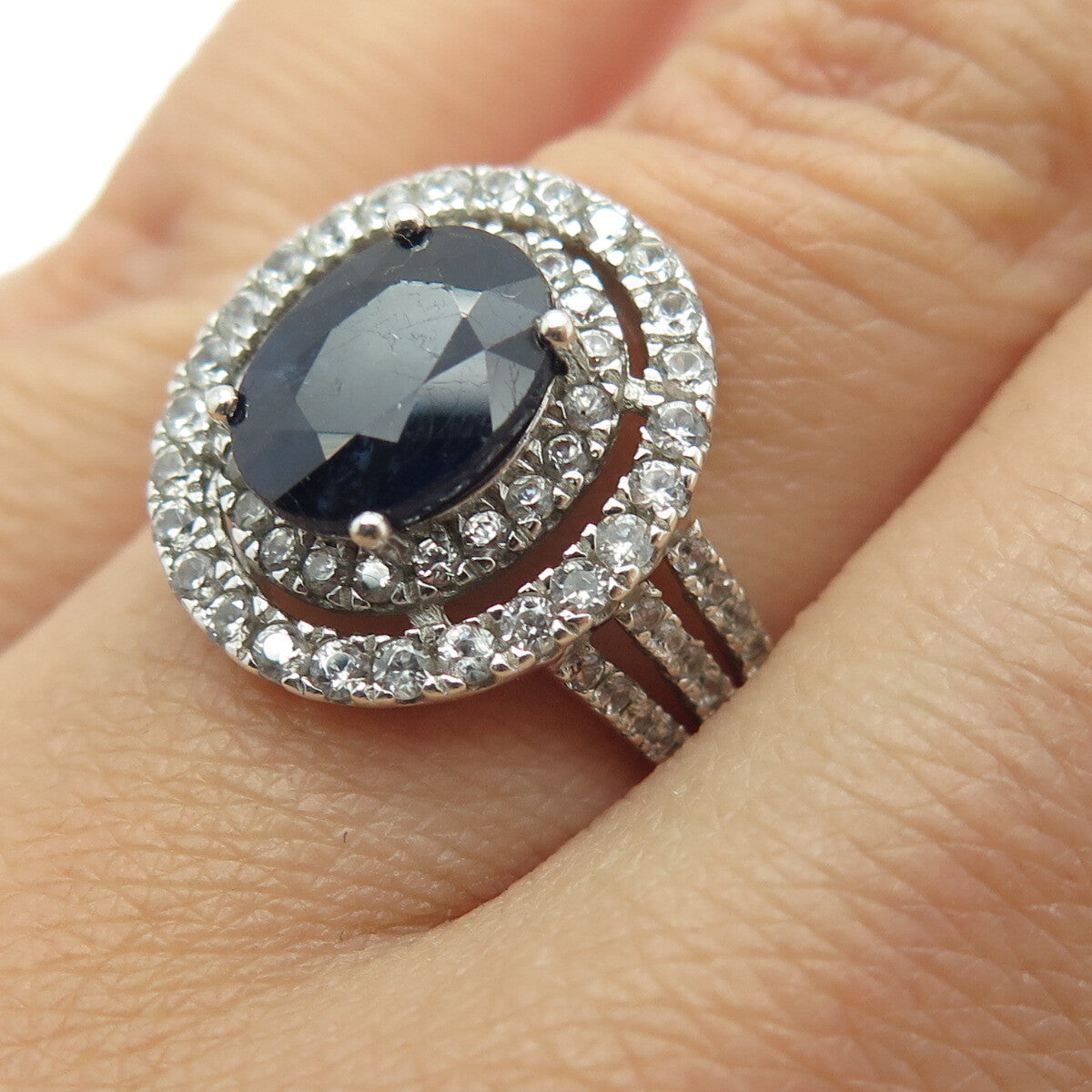 925 Sterling Silver Real White Topaz & Sapphire Gemstone Ring Size 6.25