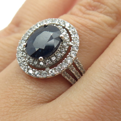925 Sterling Silver Real White Topaz & Sapphire Gemstone Ring Size 6.25