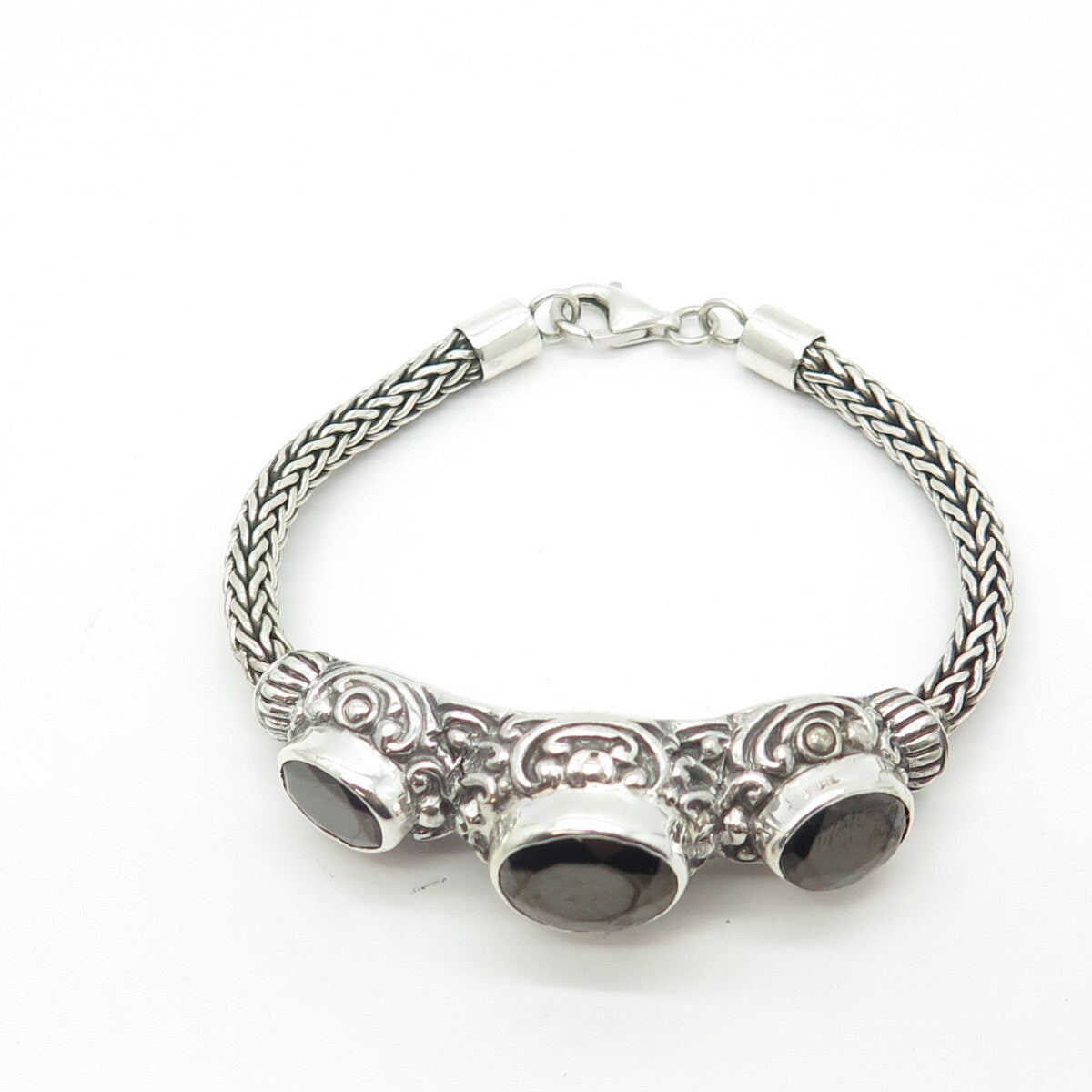 925 Sterling Silver Vintage Real Black Spinel Gem 3-Stone Scroll Bracelet 6"