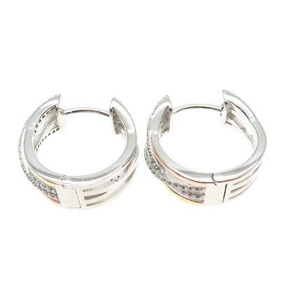 HAN 925 Sterling Silver 3-Tone Round-Cut C Z Crisscross Hoop Earrings