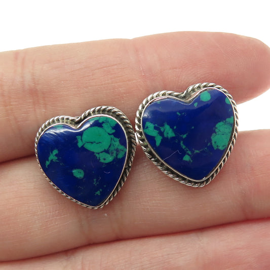 925 Sterling Silver Vintage Mexico Real Azurite Gemstone Heart Earrings