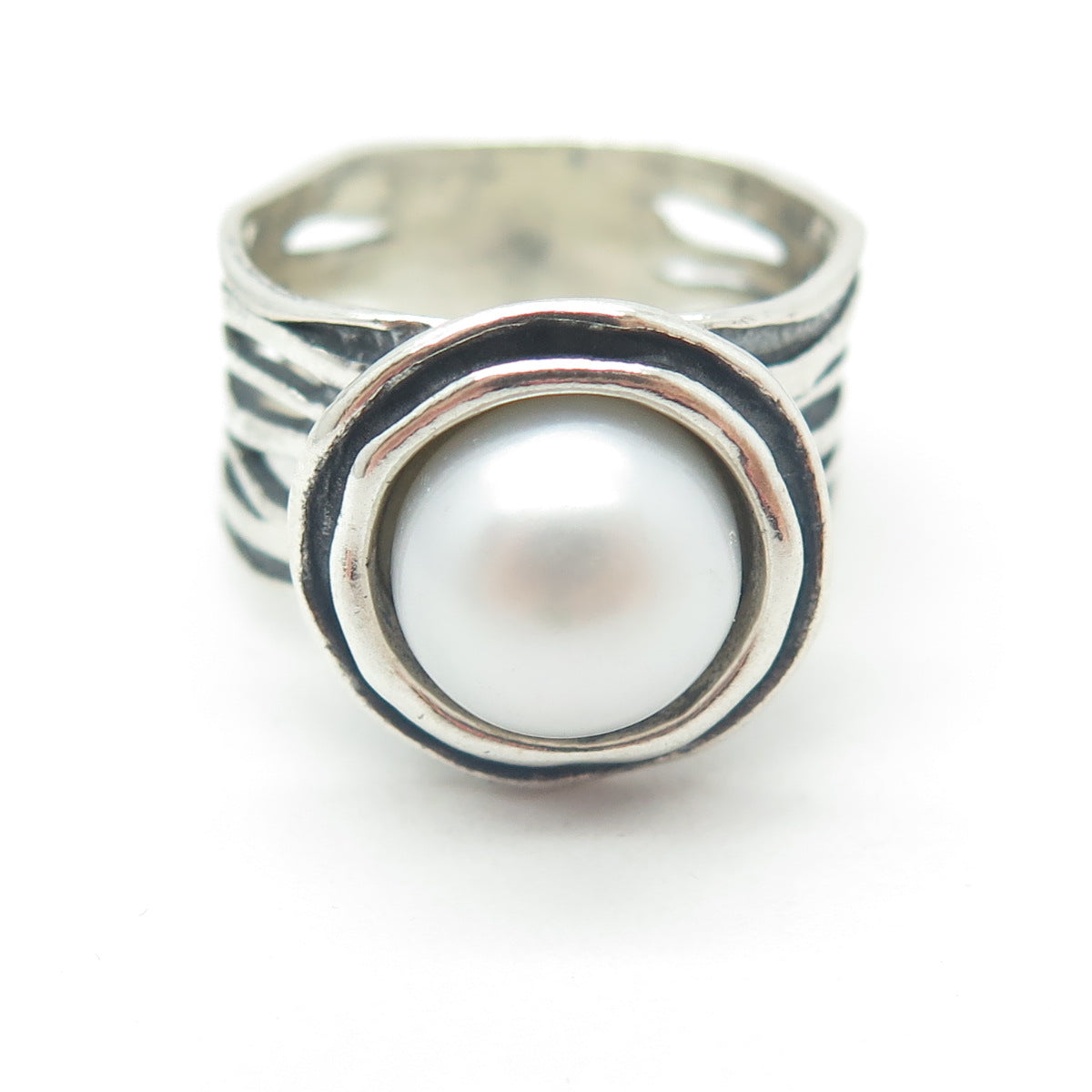 925 Sterling Silver Vintage Israel Real Pearl Modernist Oxidized Ring Size 8.25