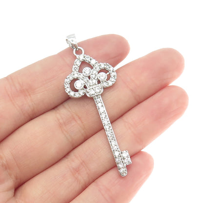 925 Sterling Silver Pave Round-Cut C Z Key Pendant