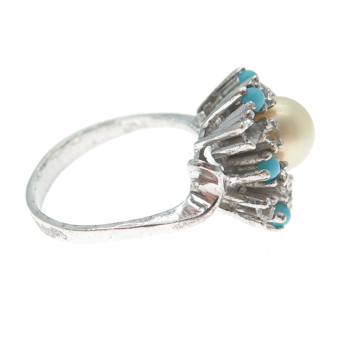 925 Sterling Silver Vintage Real Pearl Faux Turquoise & C Z Ring Size 6.5