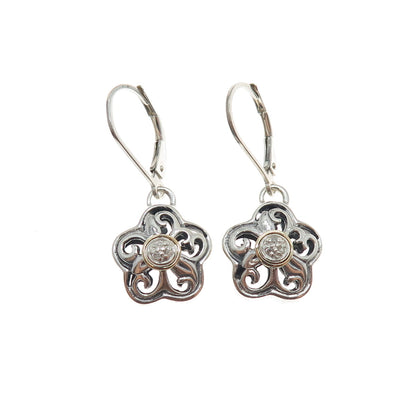 925 Sterling Silver 14K Gold Real Round-Cut Diamond Flower Dangle Earrings