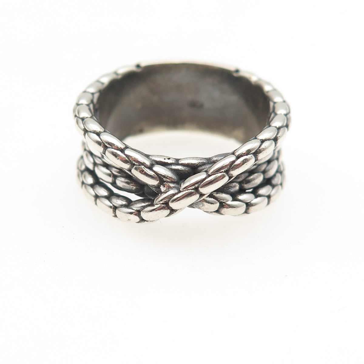 925 Sterling Silver Vintage Multi-Row Chain Crisscross Oxidized Ring Size 7.5