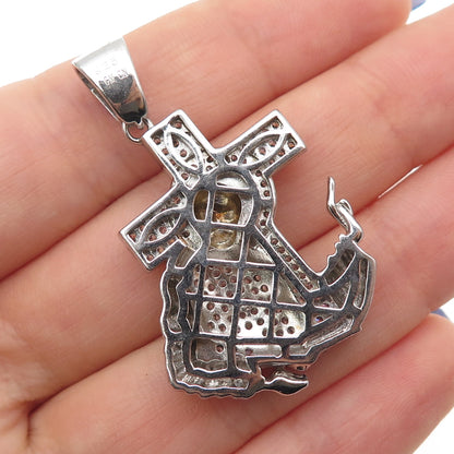 925 Sterling Silver Round-Cut C Z Jesus & Cross Charm Pendant