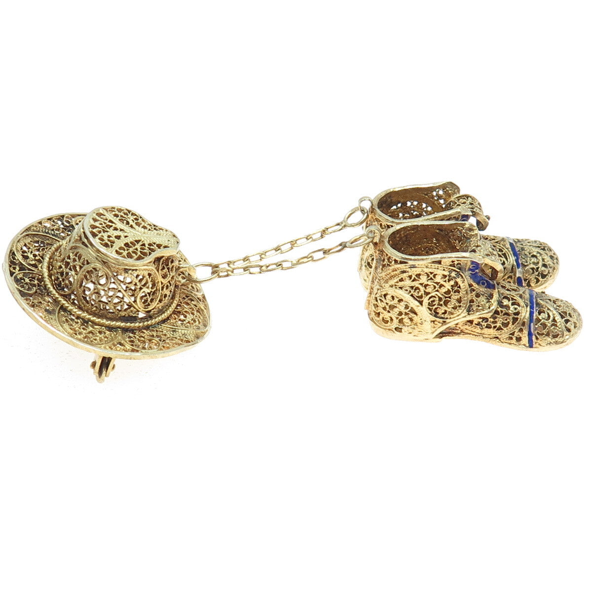 925 Sterling Silver Gold Plated Vintage Portugal Enamel Hat Boots Dangle Brooch