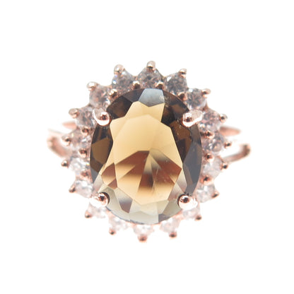 925 Sterling Silver Rose Gold Plated Real Smoky Quartz & C Z Ring Size 8.25