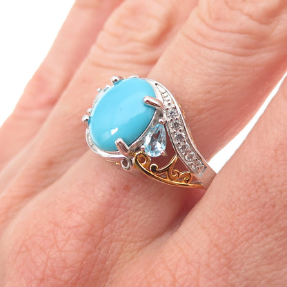 925 Sterling Silver 2-Tone Real Turquoise Blue & White Topaz Ring Size 8.25